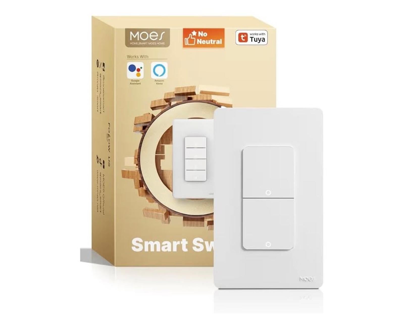 MOES 2nd Generation WiFi Smart Double Light Switch - No Neutral Wire Required -