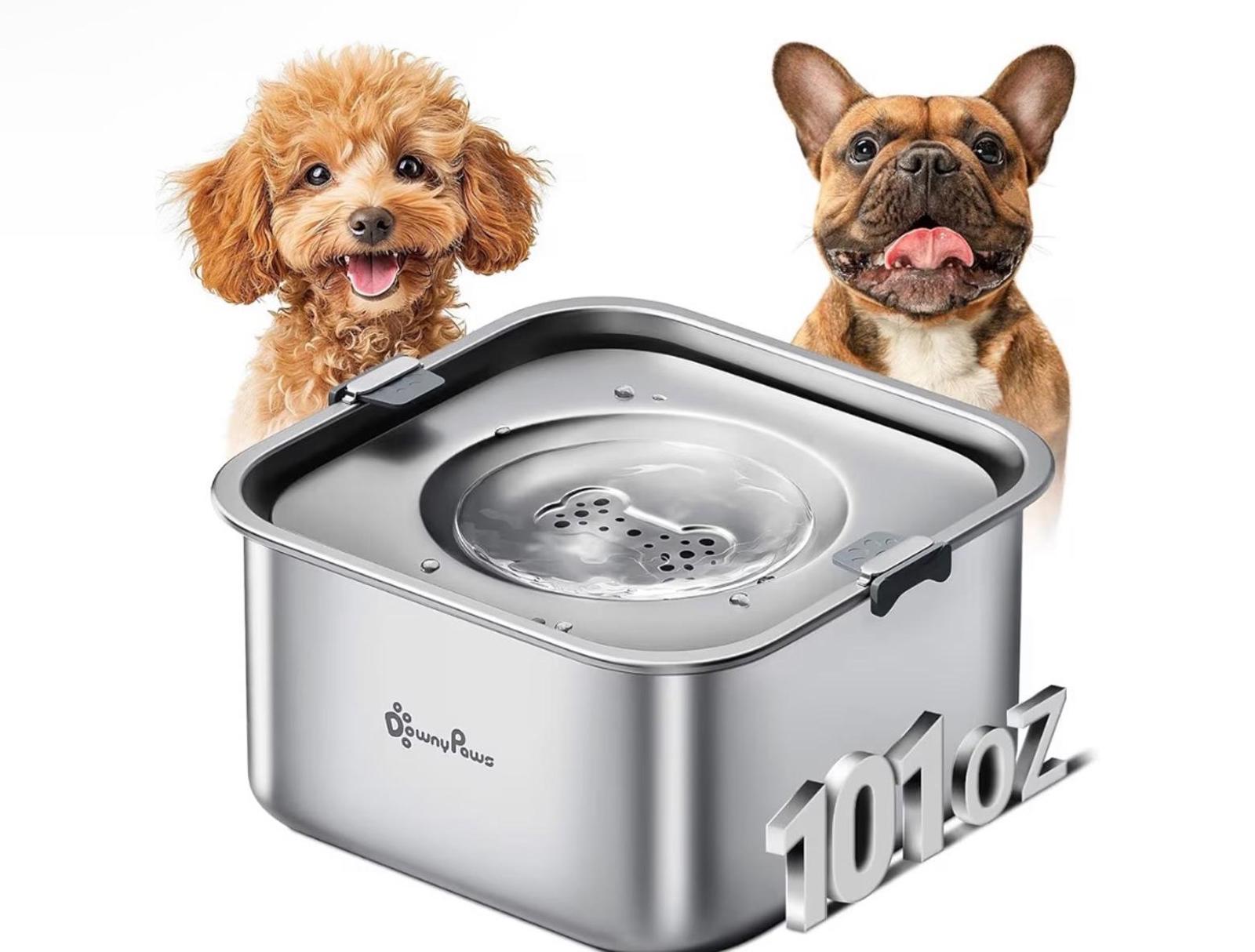 DownyPaws No Spill Water Bowl for Dogs, 101oz/3L Stainless Steel with Slobber