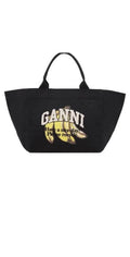 GANNI Shopper XXL Pocket Banana Print Canvas Tote Bag in Black