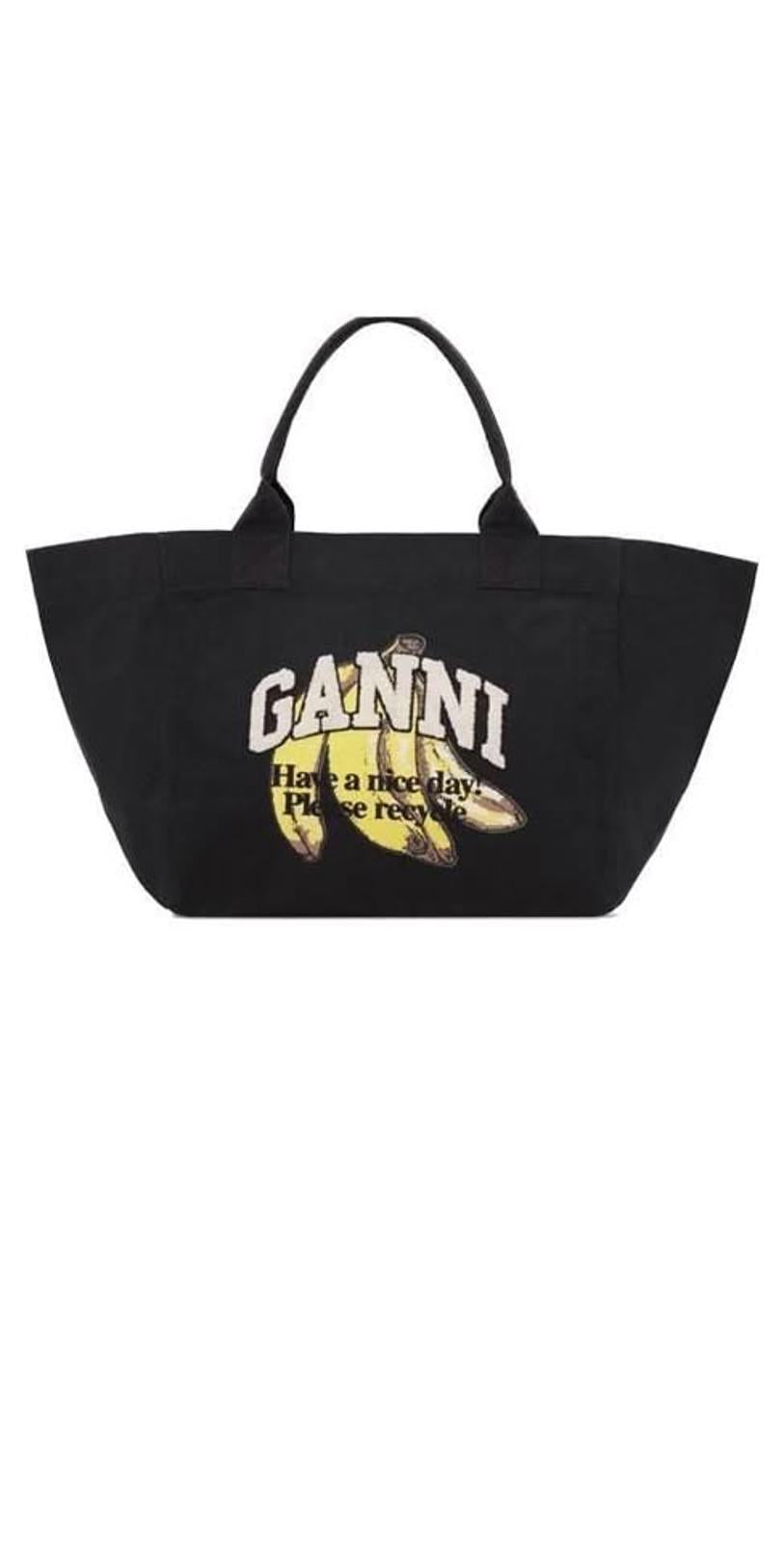 GANNI Shopper XXL Pocket Banana Print Canvas Tote Bag in Black
