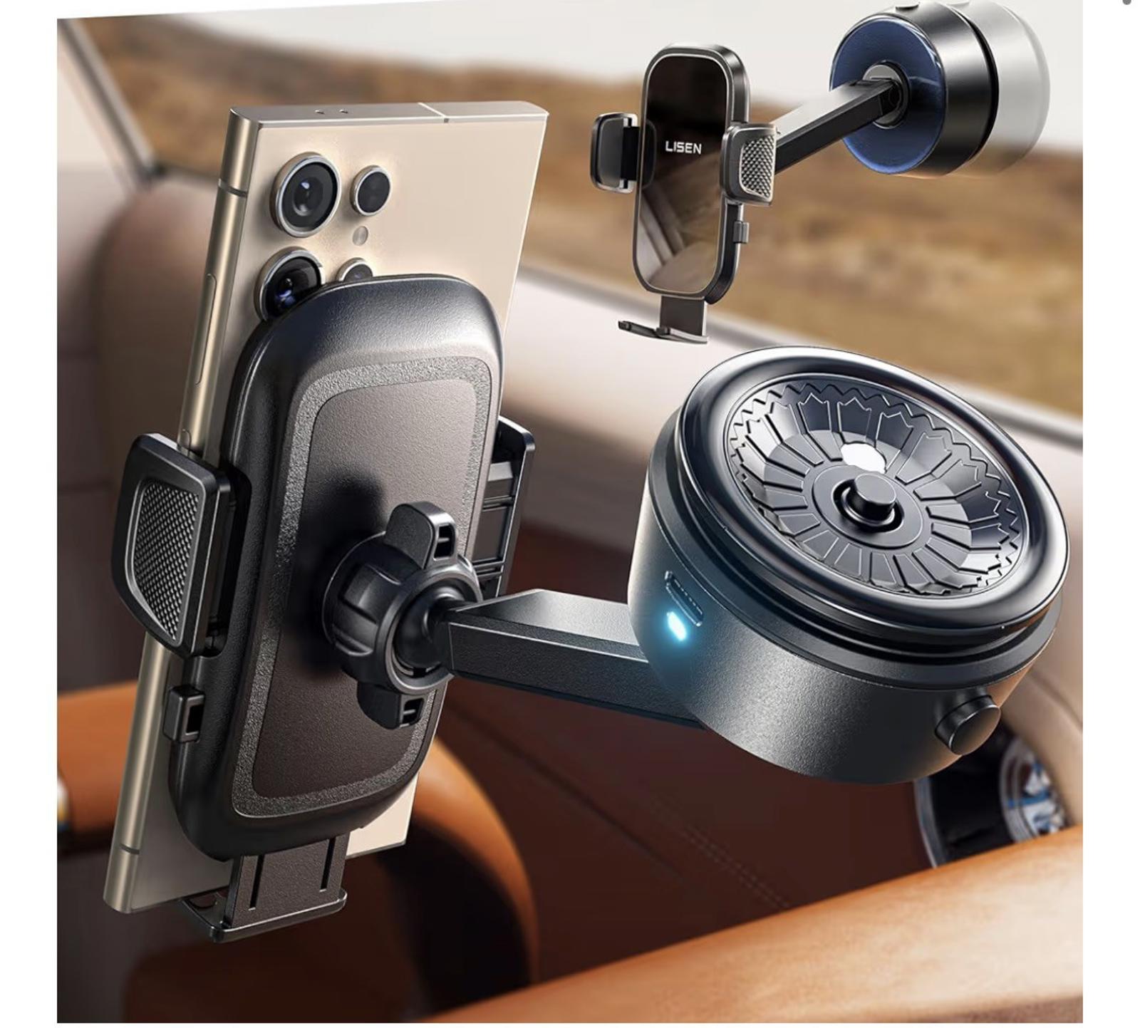 LISEN Electric Retractable Car Phone Mount, iPhone Vacuum Electric Suction Cup P