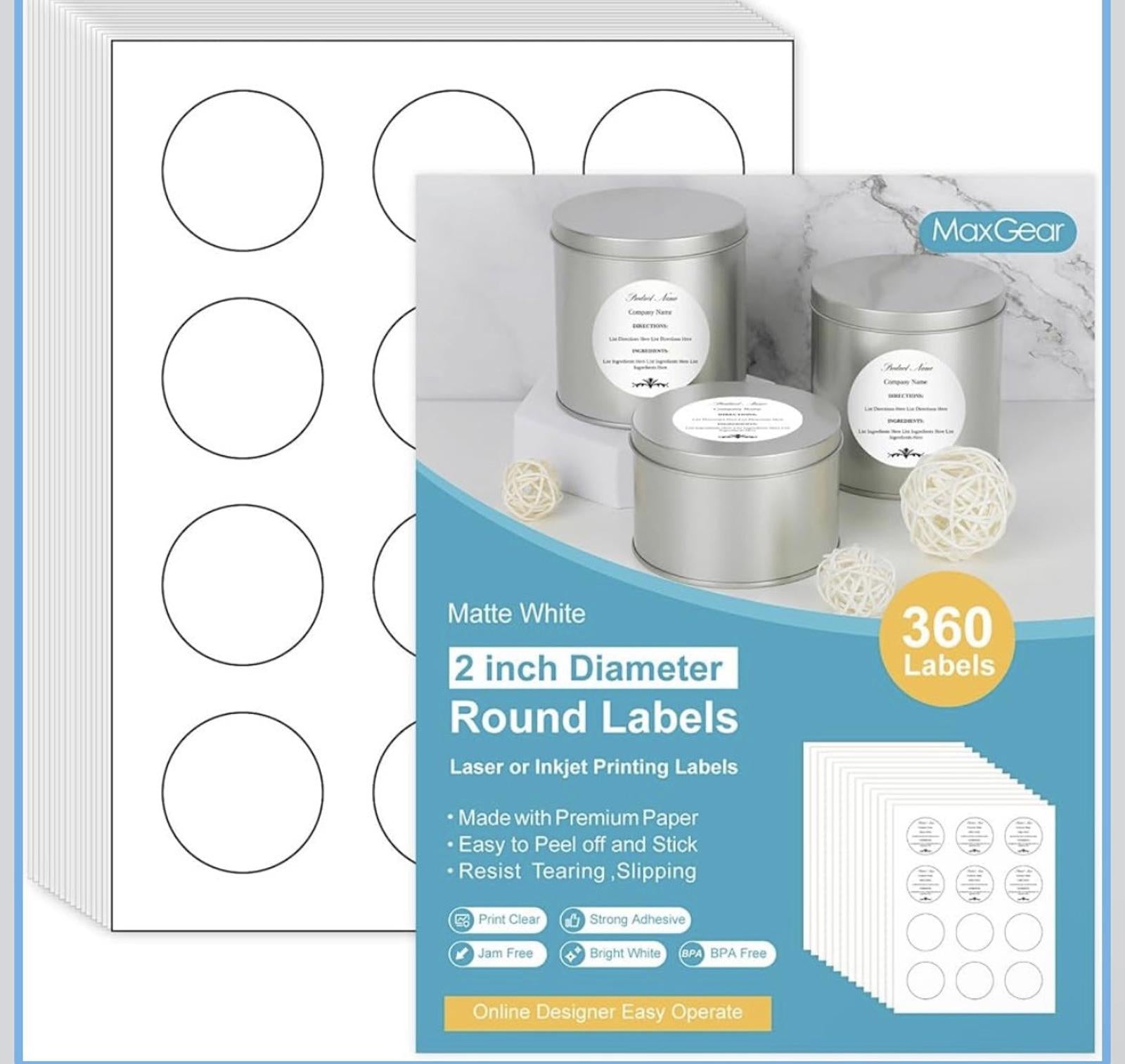 360 New MaxGear 2" Round Labels Matte White Laser & Inkjet Printing Labels!!!!!