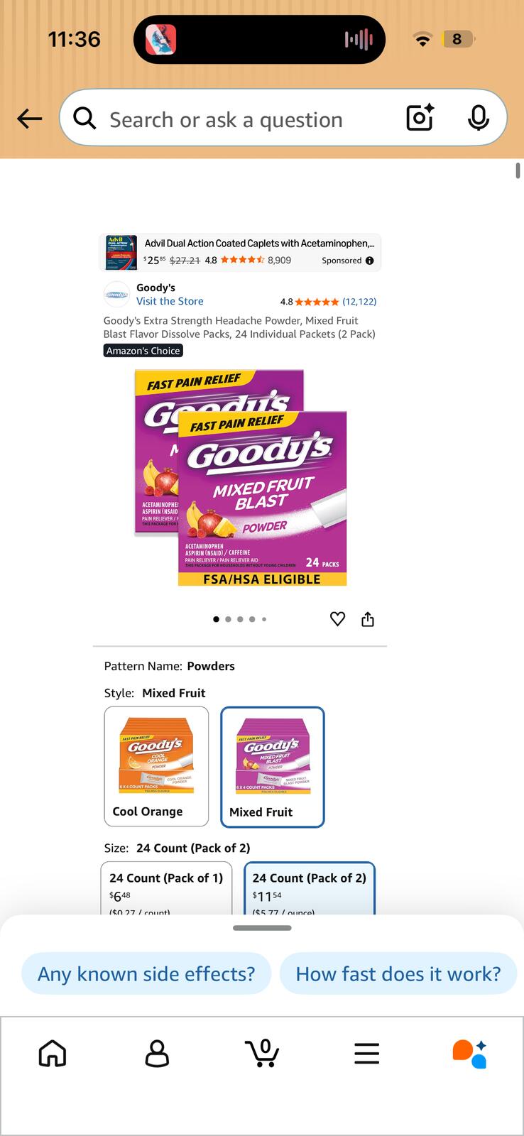 Goody's Mixed Fruit Blast Headache Powder, Fast Pain Relief, 24 Count