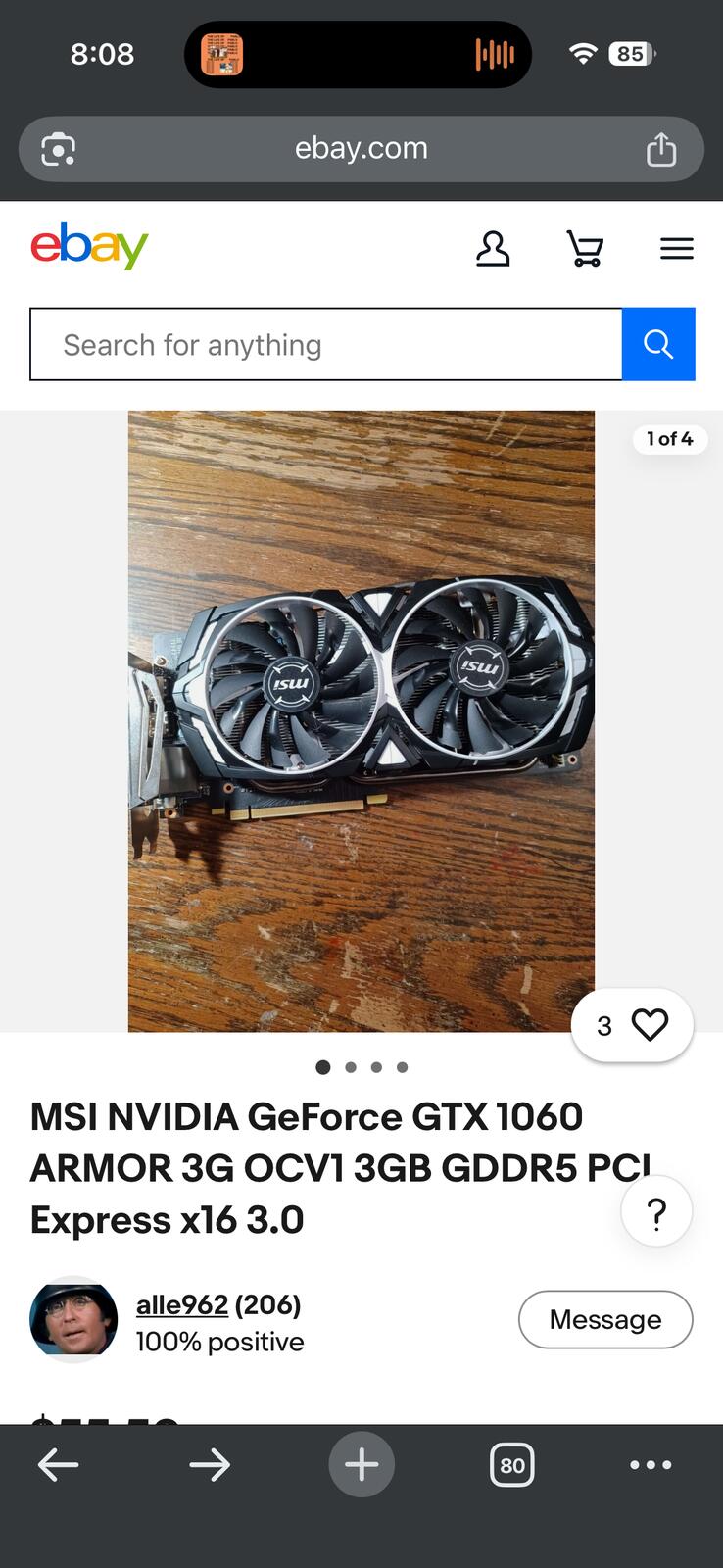MSI NVIDIA GeForce GTX 1060 ARMOR 3G OC V1 3GB GDDR5 PCI Express x16 3.0 Graphic