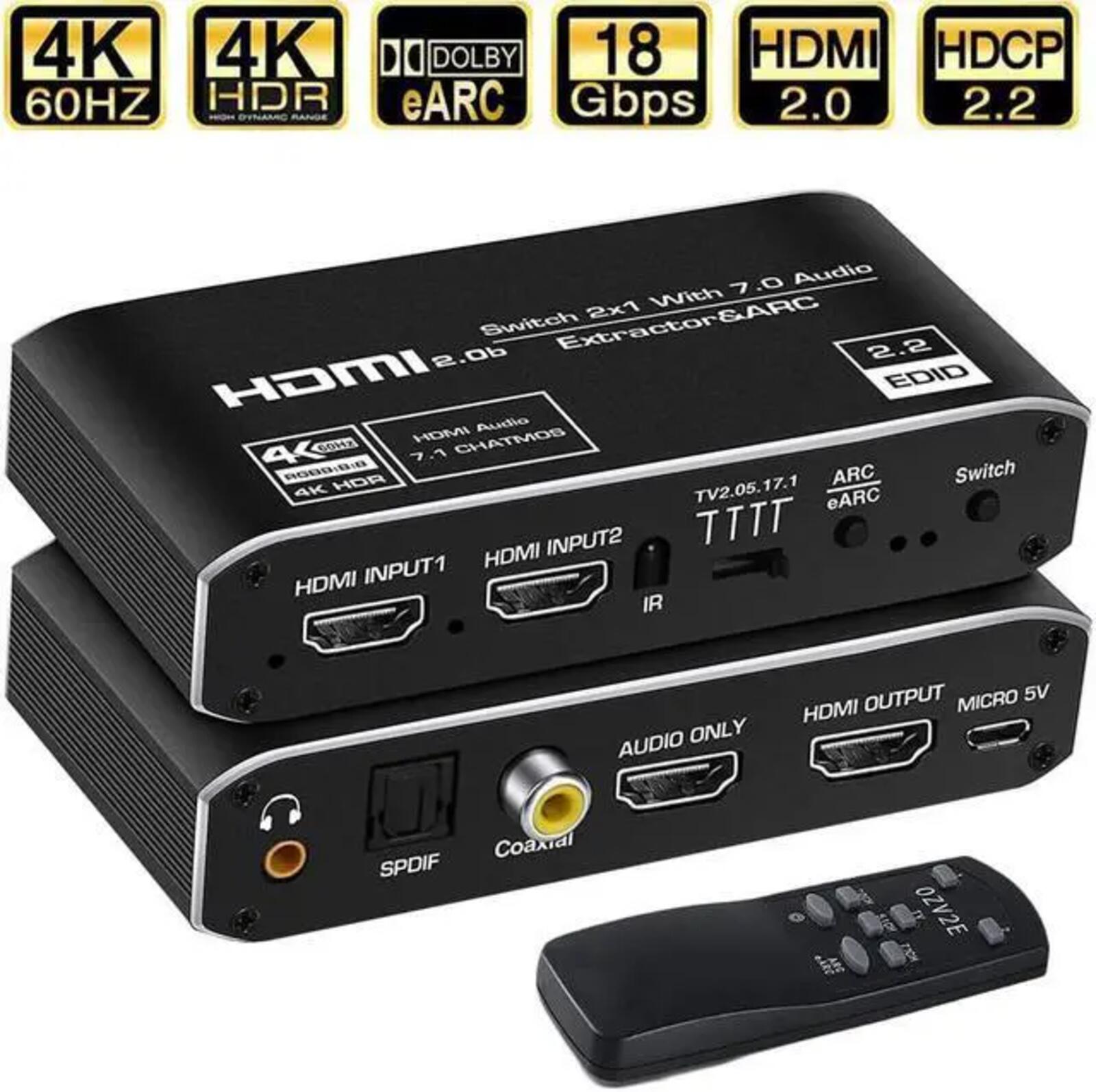 HDMI 2.0 2x1 Switch with 7.1 Audio Extractor and eARC Support