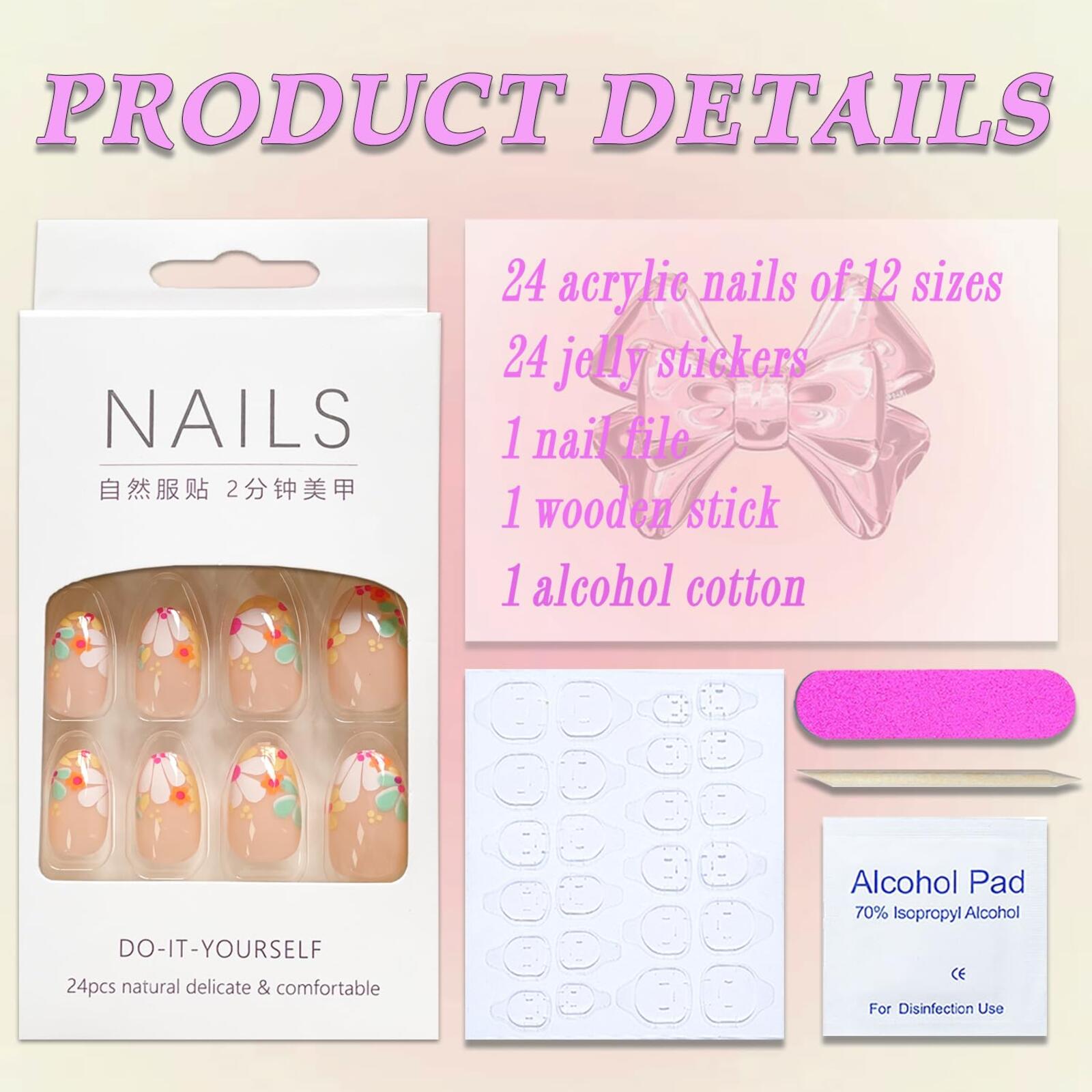 24-Piece Acrylic Nails Set with Jelly Stickers and Nail Care Tools