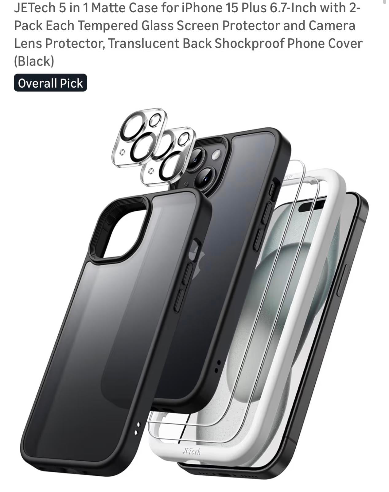 JETech 5 in 1 Matte Case for iPhone 15 Plus 6.7-Inch with 2-Pack Tempere
