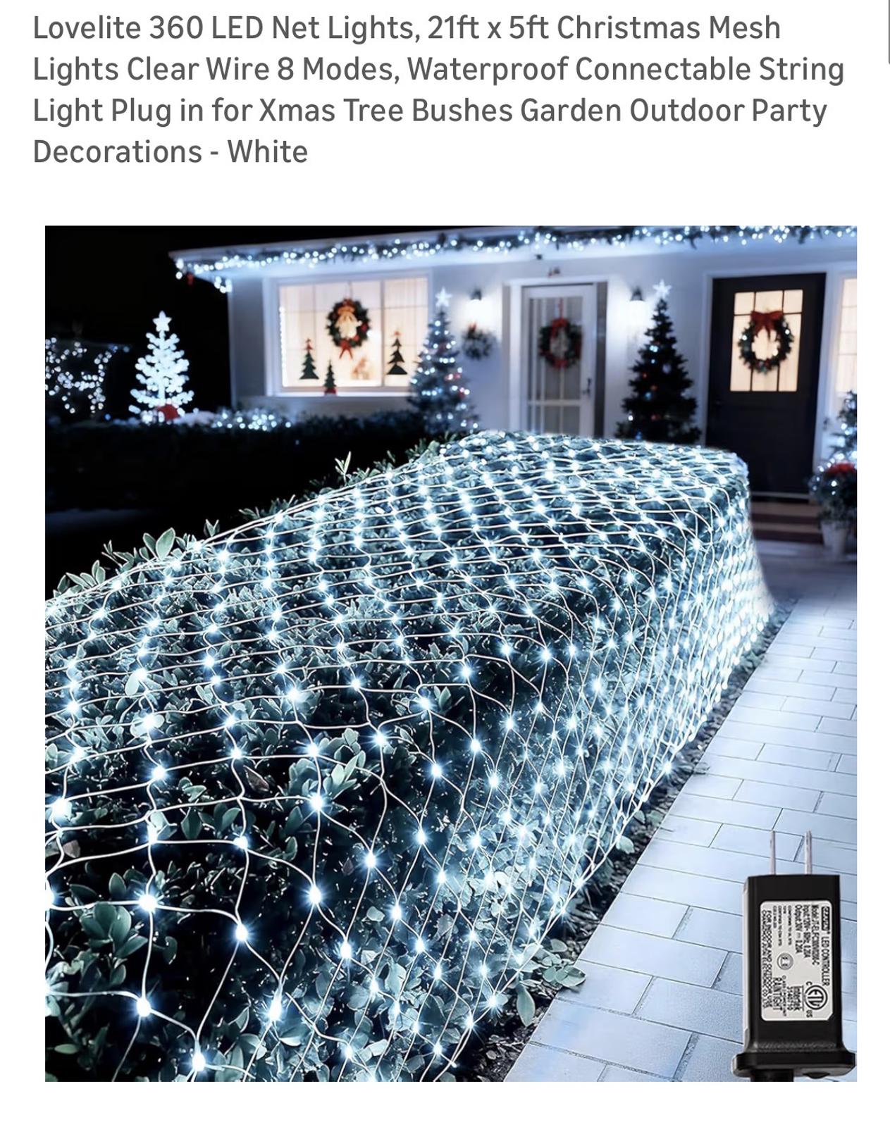 Lovelite 360 LED Net Lights, 21ft x 5ft Christmas Mesh Lights Clear Wire, W