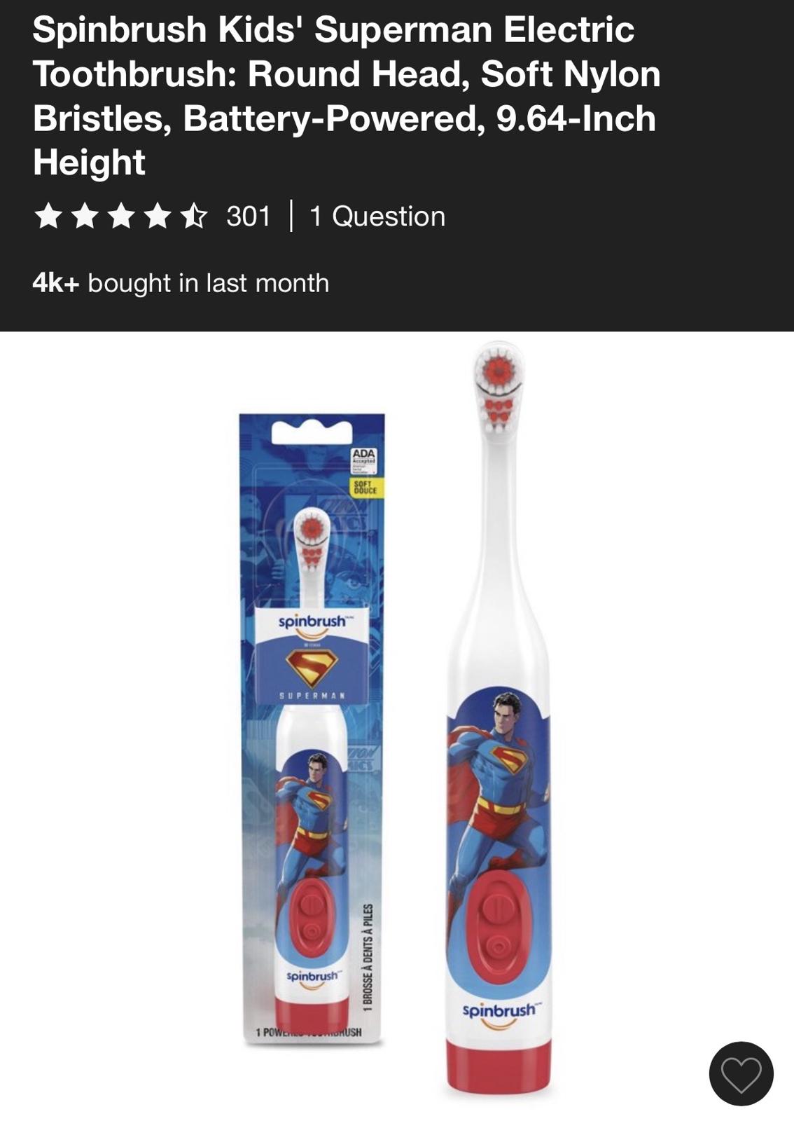 Spinbrush Kids' Superman Electric Toothbrush with Soft Nylon Bristles