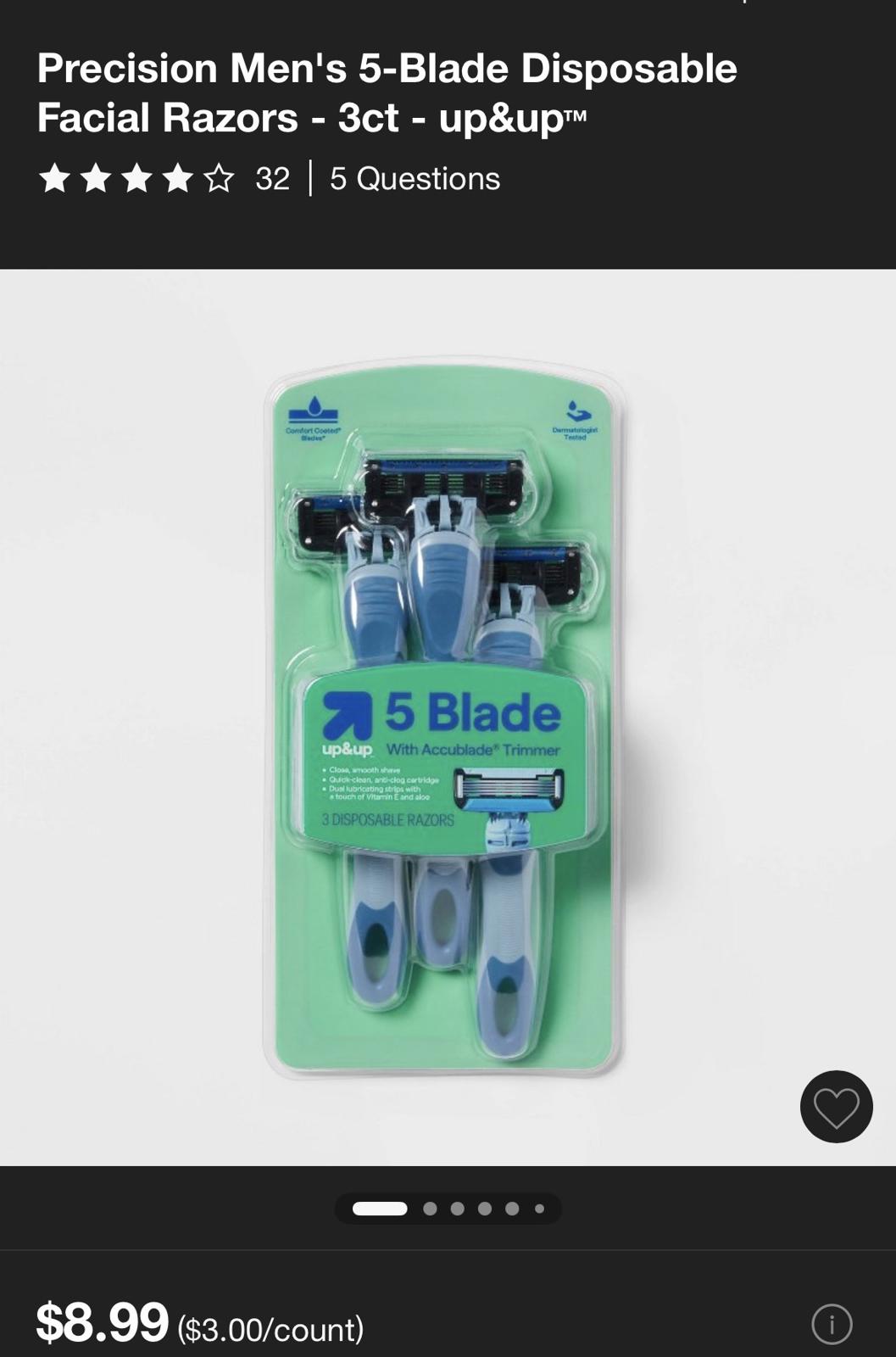 Precision Men's 5-Blade Disposable Facial Razors - 3 Count