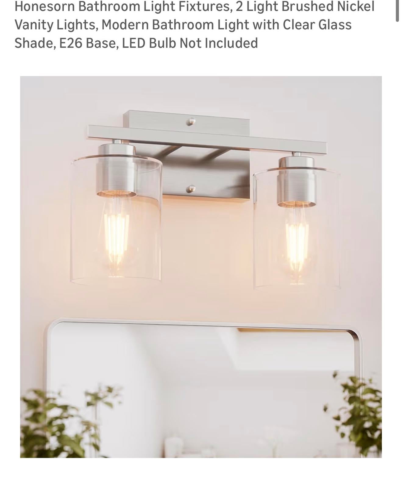 Honesorn 2-Light Brushed Nickel Bathroom Vanity Light with Clear Glass Shades