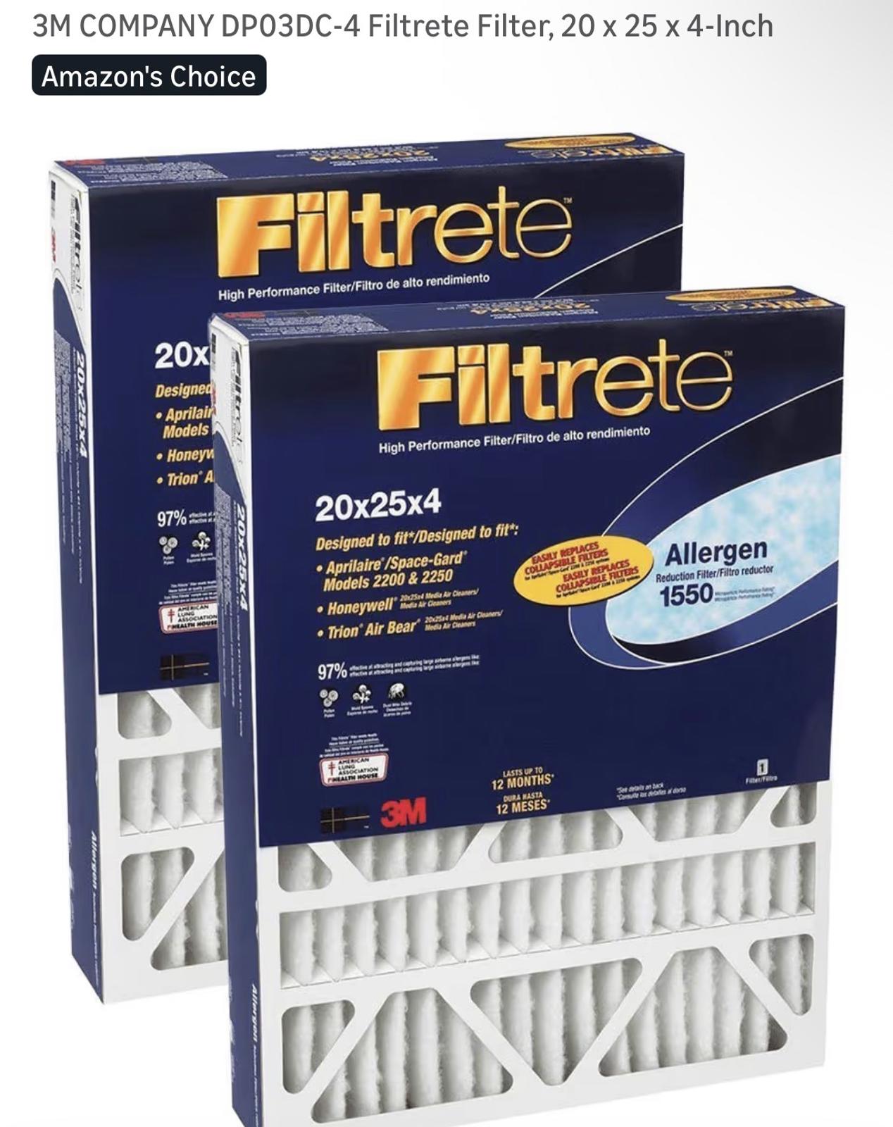 3M Filtrete DP03DC-4 High Performance Air Filter, 20 x 25 x 4 Inch, 1-Pack
