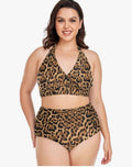 Size 16 Women's Leopard Print Plus Size Bikini Swimsuits High Waisted Halter Tummy Control Swimwear