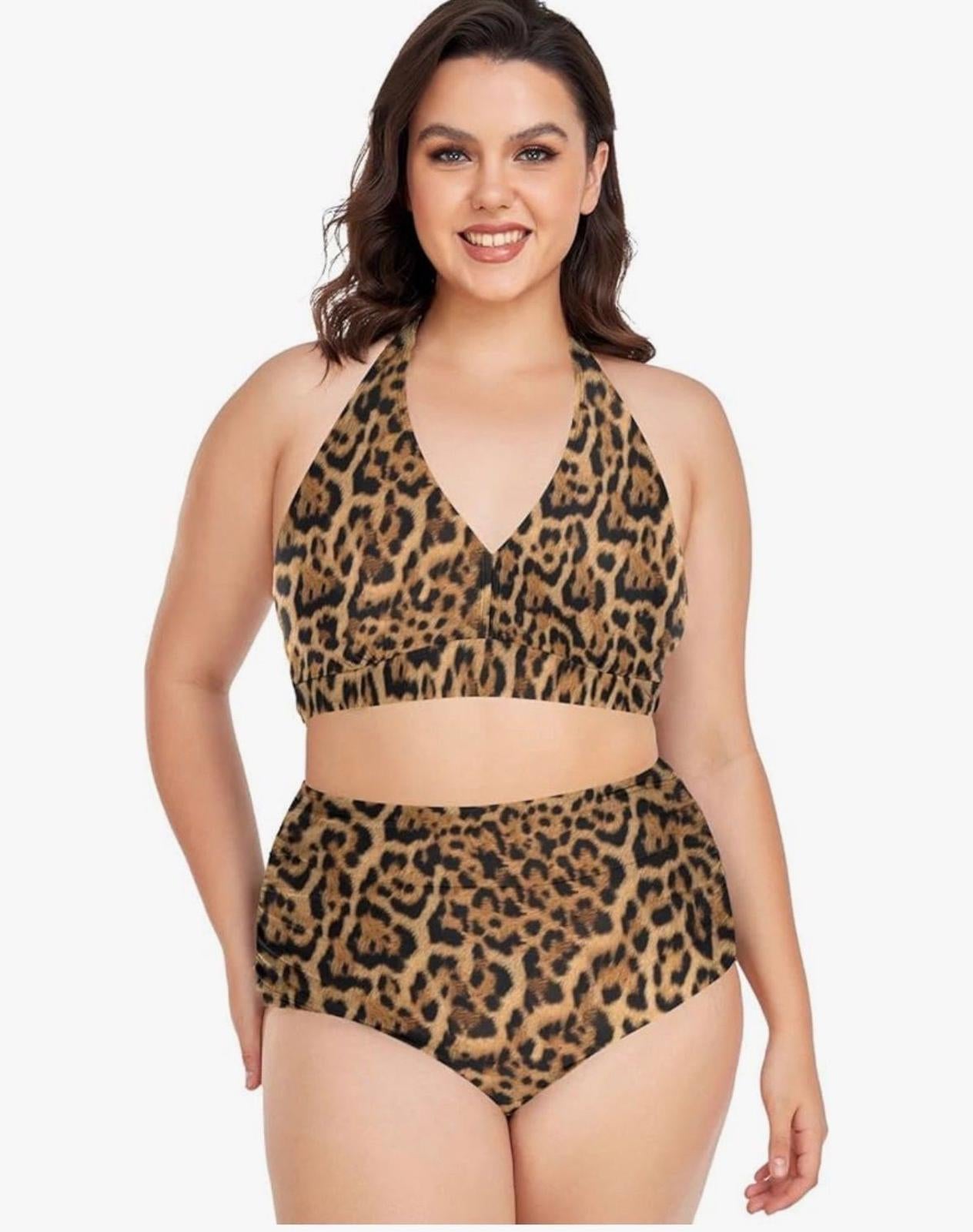Size 16 Women's Leopard Print Plus Size Bikini Swimsuits High Waisted Halter Tummy Control Swimwear