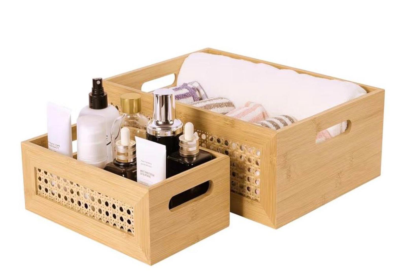 Rattan Storage Basket Set - 2 Pack Handmade Natural Bamboo Woven Storage Boxes