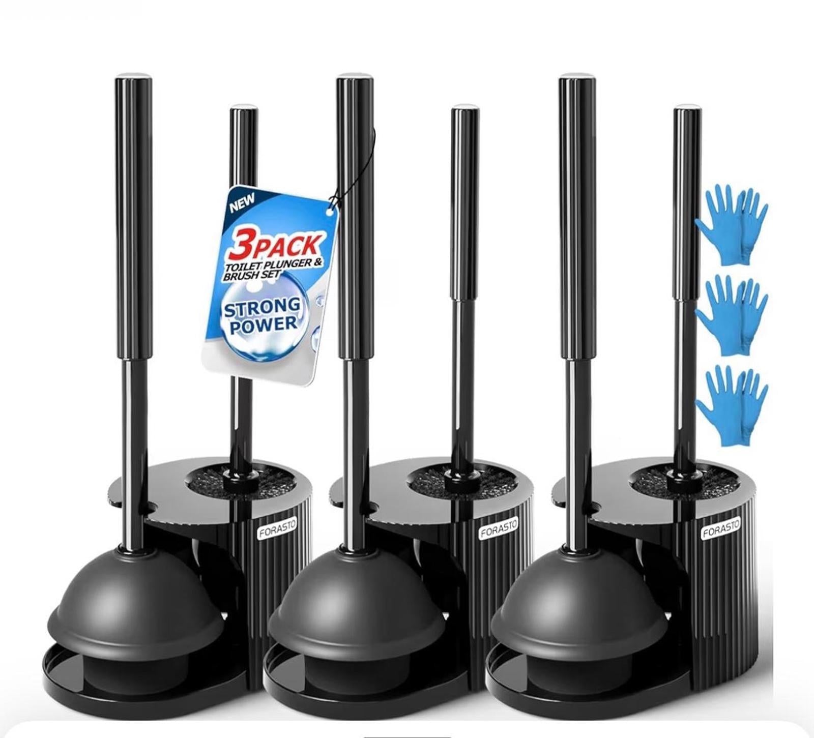 3Pack 2-in-1 Toilet Brush and Plunger Set with Extended Handle
