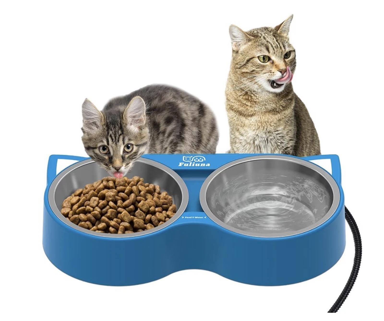 Heated Cat Bowl for Outdoor Cats in Winter, Heated Water Food Bowl with 2 Stainl